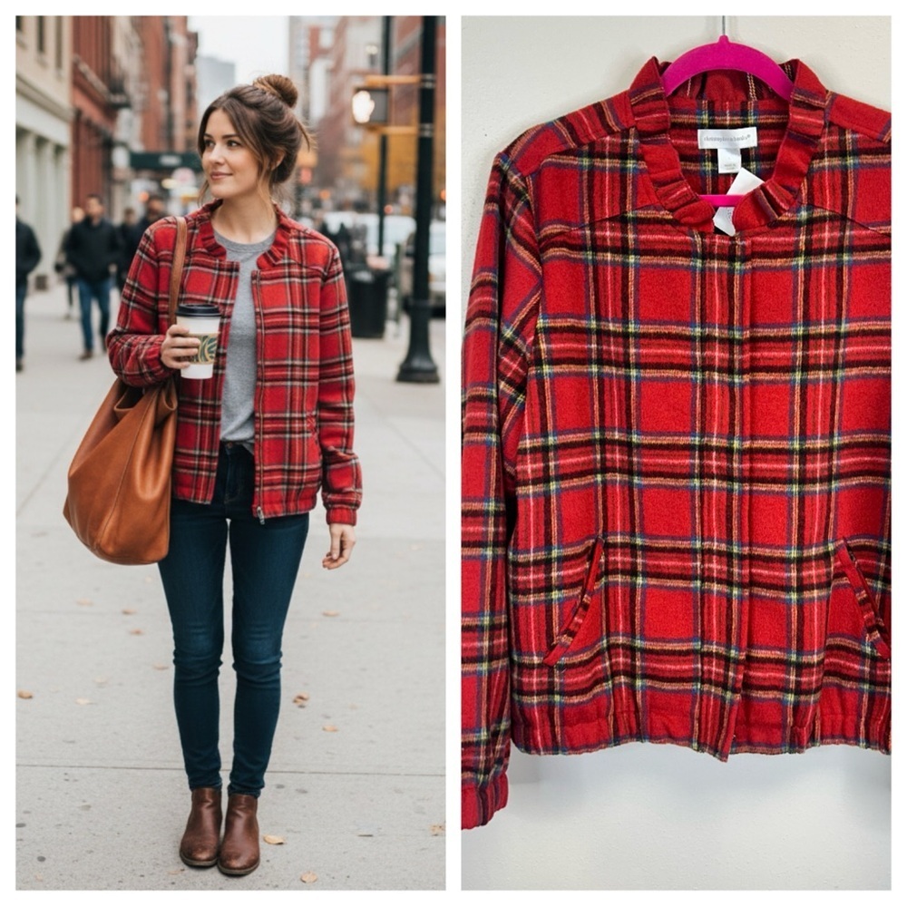 Plaid Ruffle Collar Bomber Jacket L Preppy Classic Holiday Academia Fall Winter